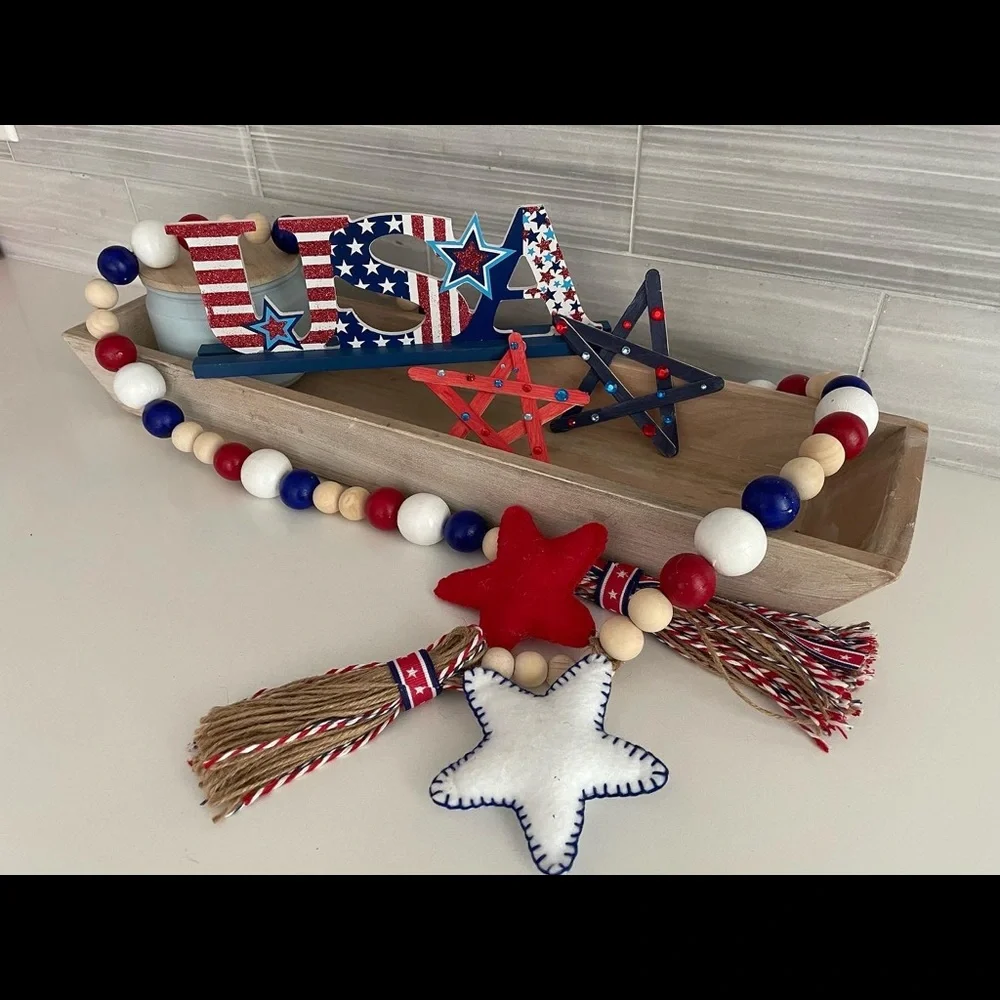 Wooden bead garland. Patriotic theme.